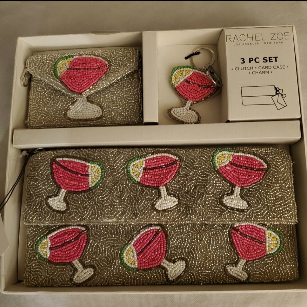 RACHEL ZOE THREE PIECE BEADED COSMOPOLITAN CLUTCH, CARD CASE and KEYCHAIN/CHARM